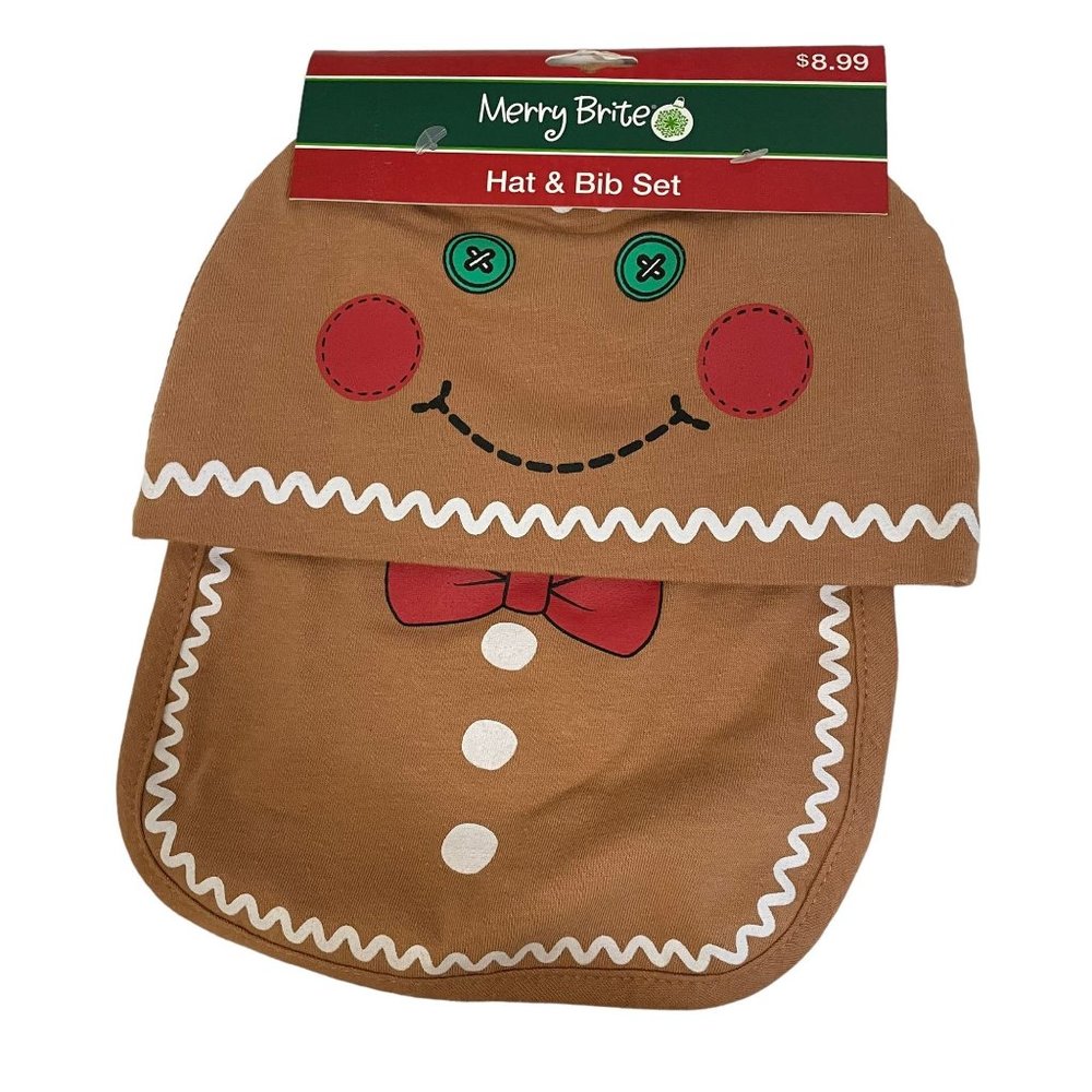 Merry Brite Baby Hat‎ & Bib Set Gingerbread Man Cookie Brown 8" 2019 New